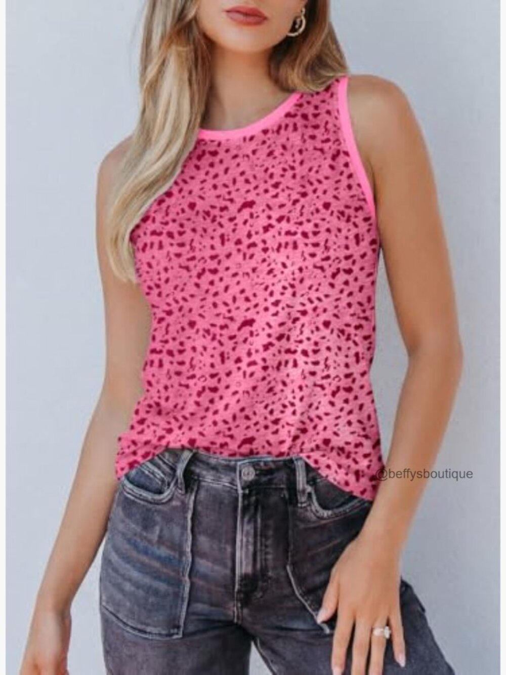 Leopard Print Tank Top Crewneck Sleeveless Summer Casual Blouse - Picture 3 of 7